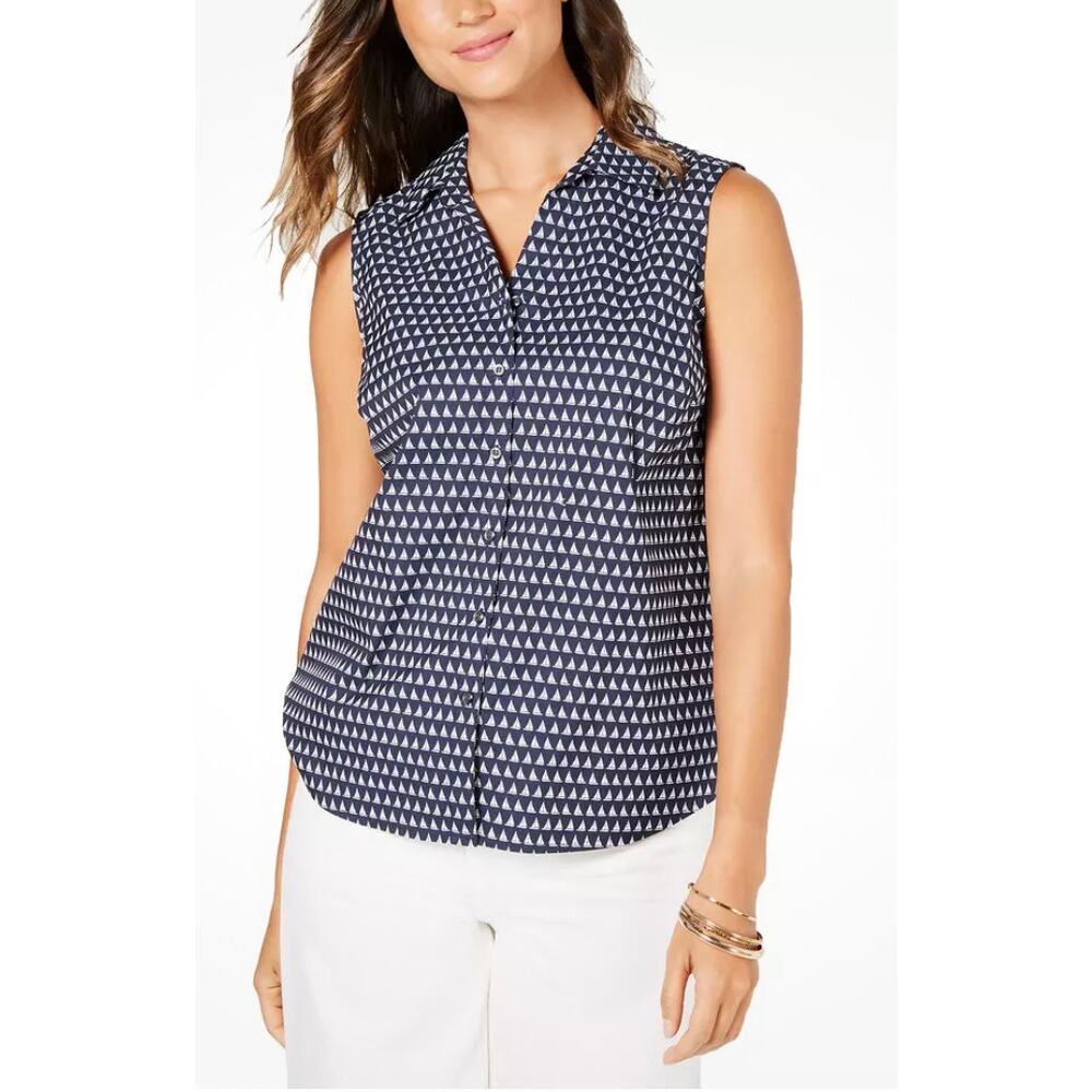 Charter‎ Club Sleeveless Sailboat-Print Blue Sleeveless Button Down Blouse 24W